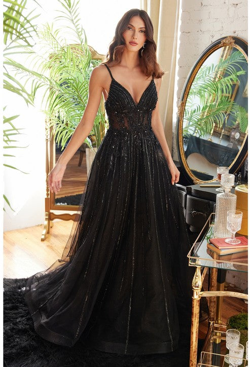 A-Line Beaded Gown with Lace Detail