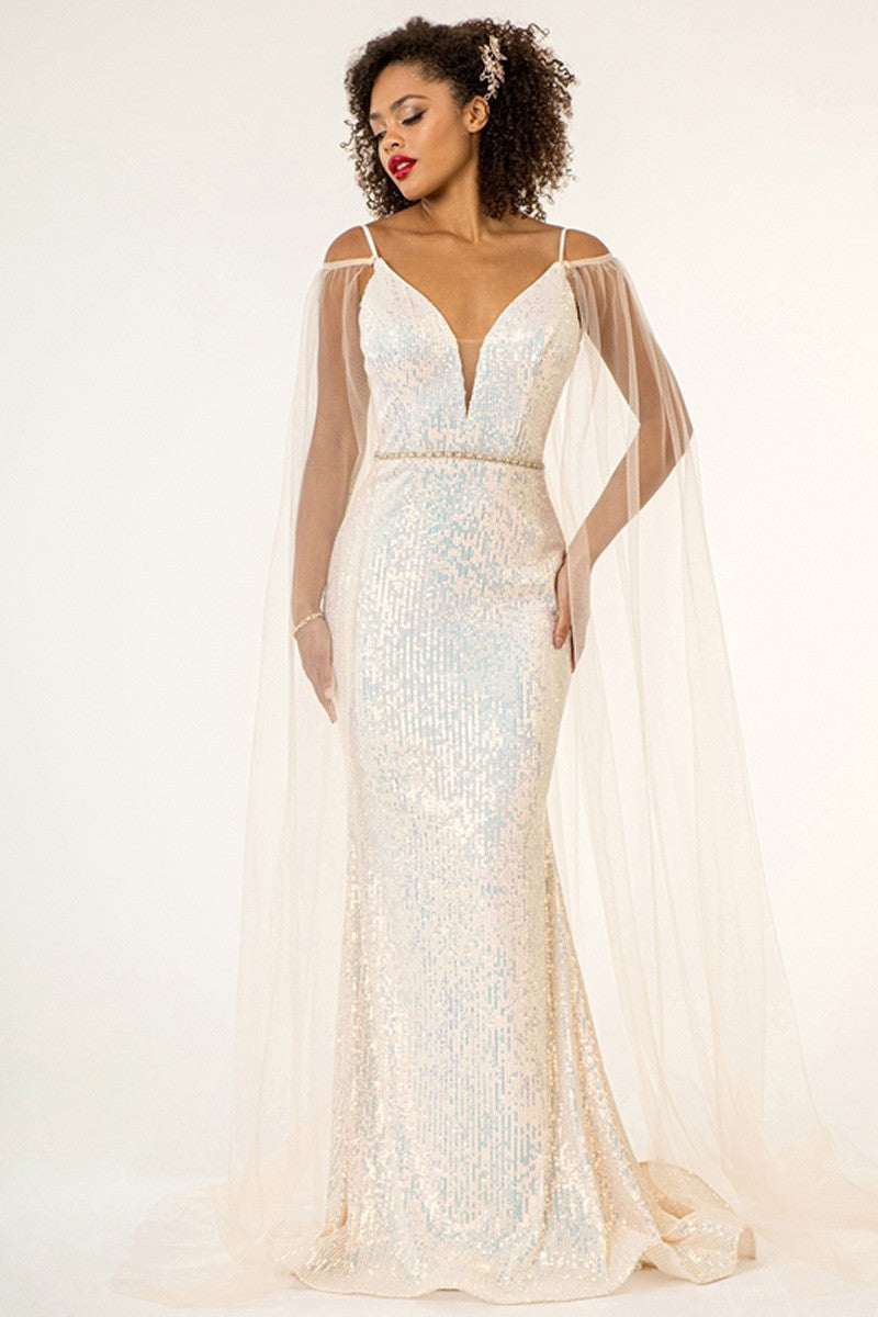 Plunging Top Mermaid Sequin Dress with Mesh Cape