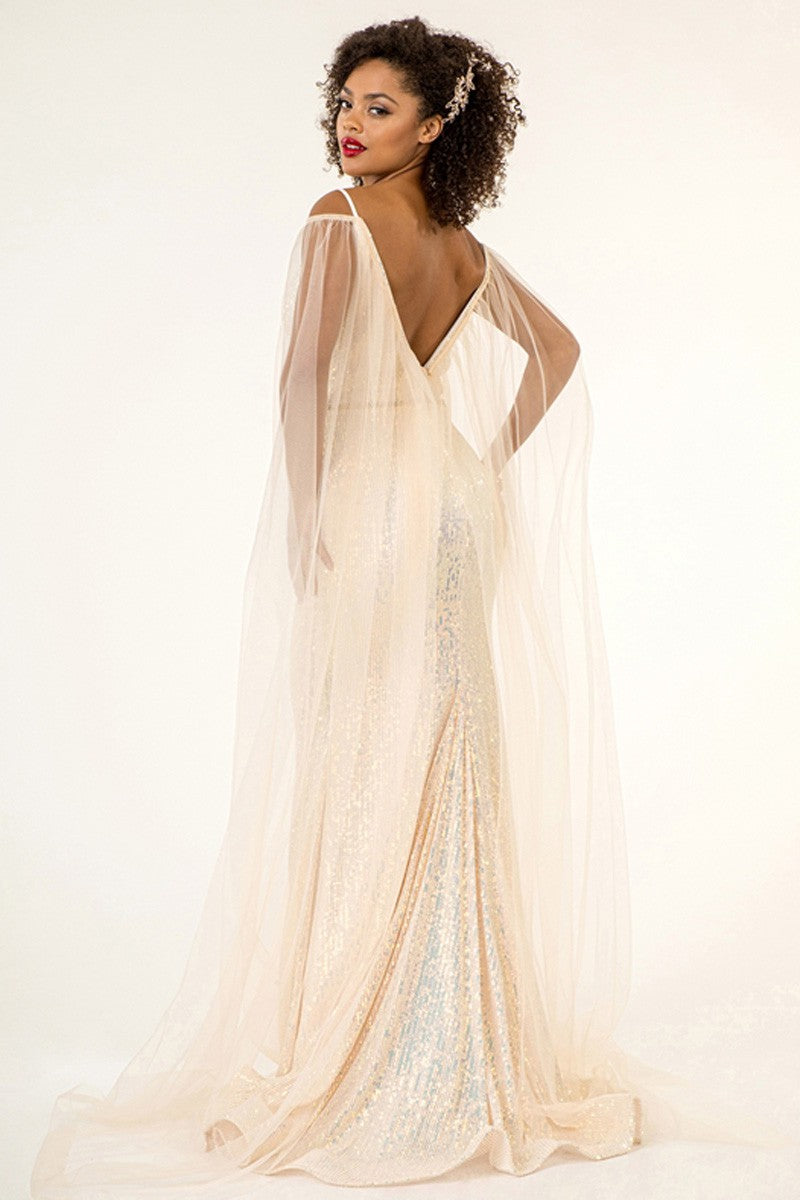 Plunging Top Mermaid Sequin Dress with Mesh Cape