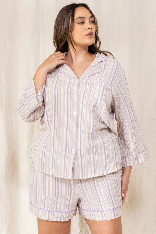 Stripe Printed Woven Piping Pajama Set