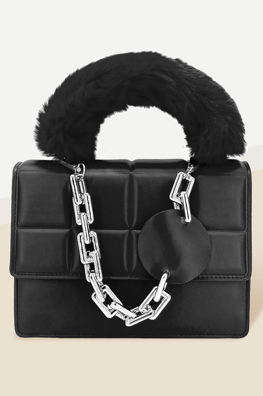 Solid Faux Fur Handle Tote Crossbody Bag