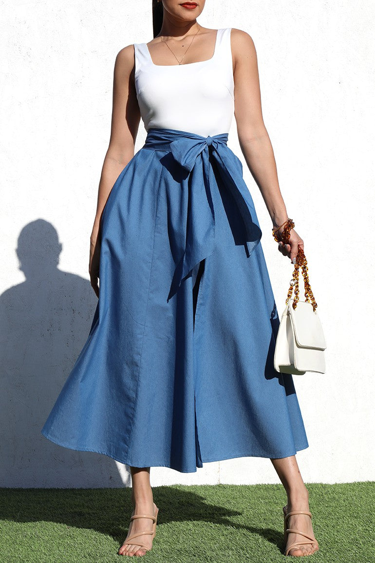 Square Neck Denim Midi Dress