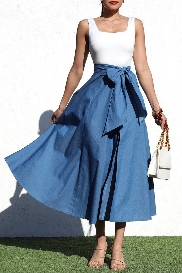 Square Neck Denim Midi Dress