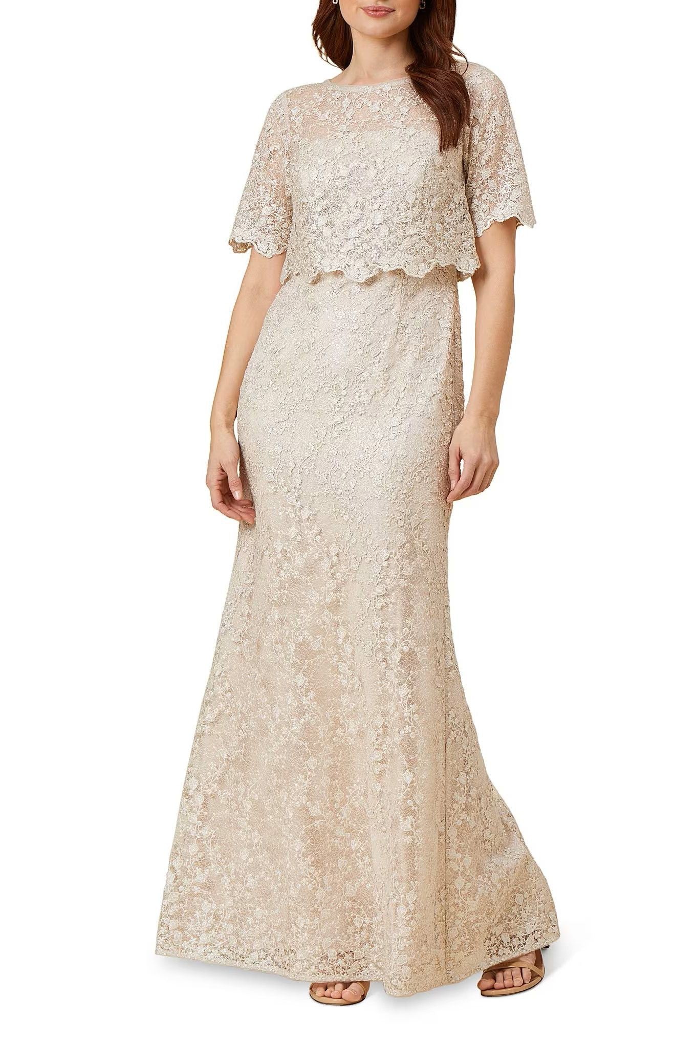 Adrianna Papell A-Line Short Sleeve Sequin Gown