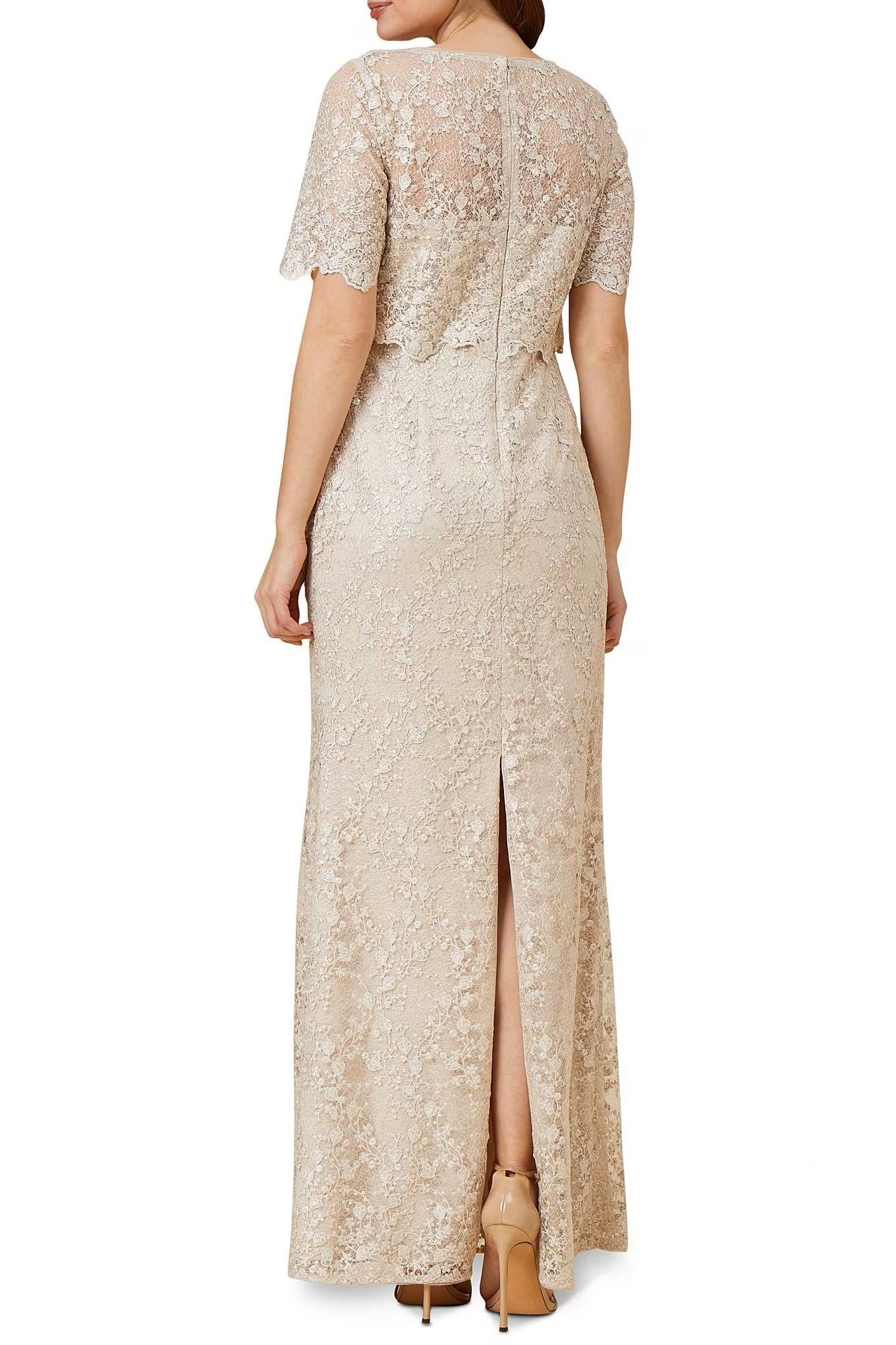 Adrianna Papell A-Line Short Sleeve Sequin Gown