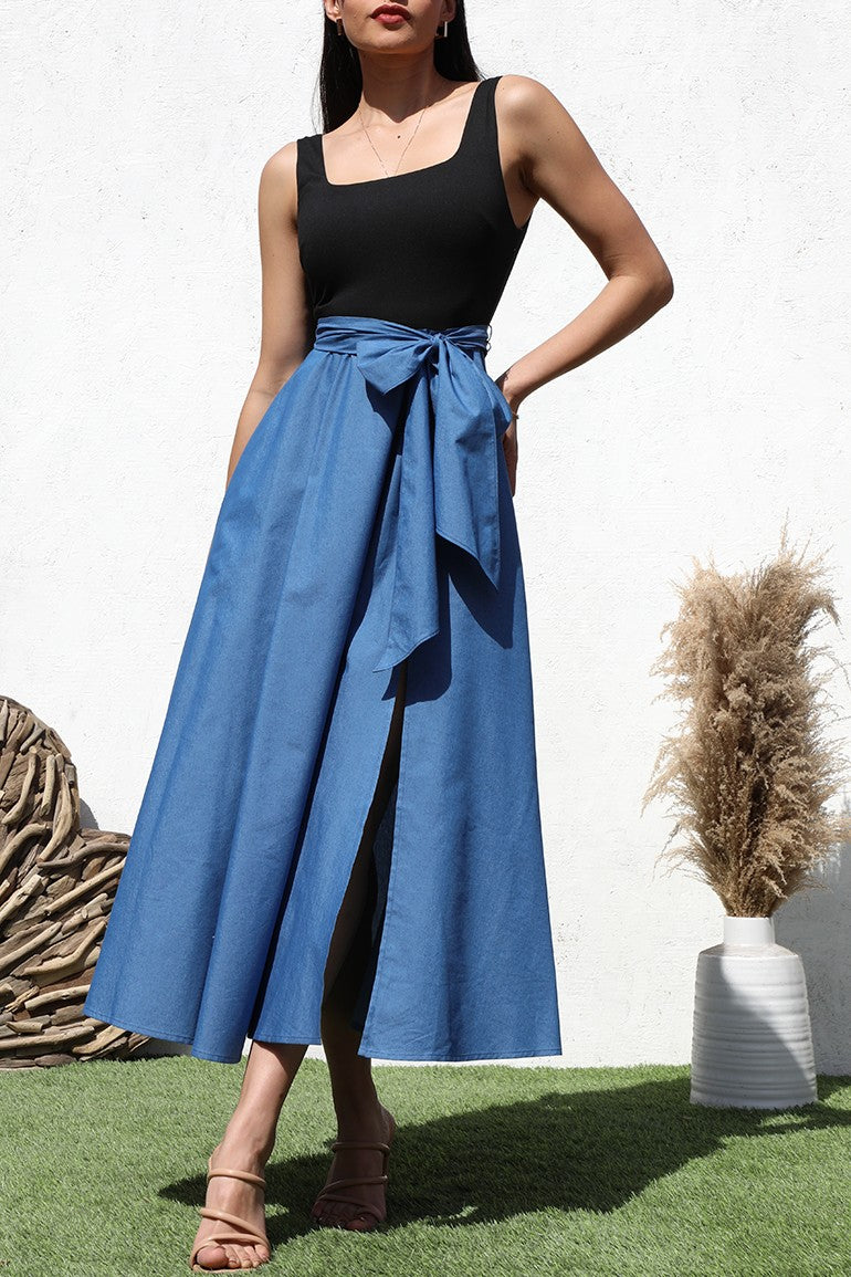 Square Neck Denim Midi Dress