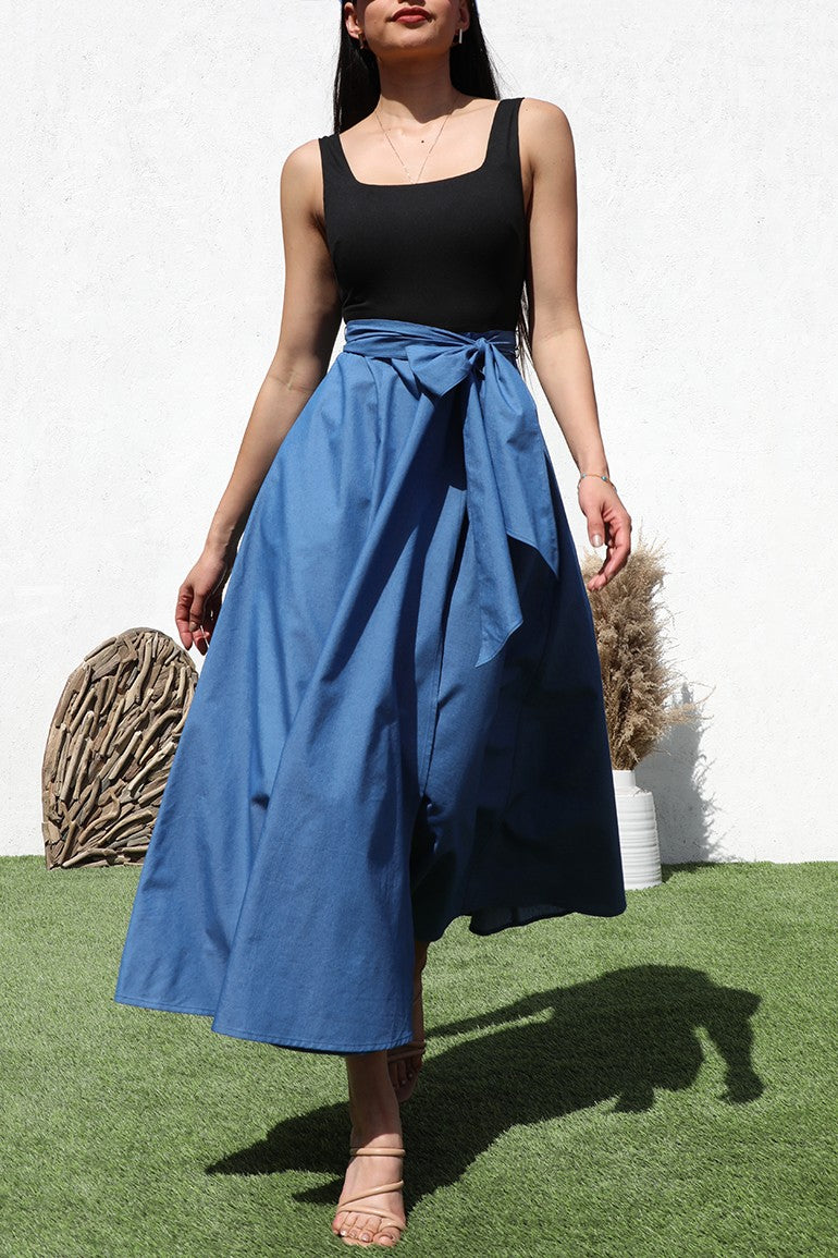 Square Neck Denim Midi Dress