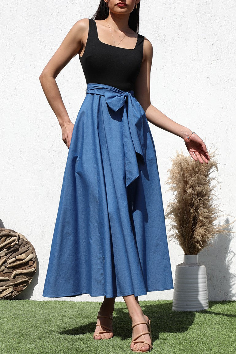 Square Neck Denim Midi Dress