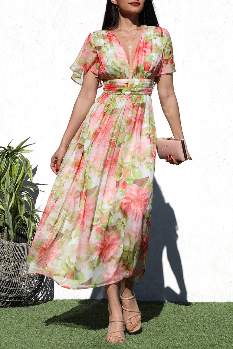 Printed V Neck Woven Midi Dress