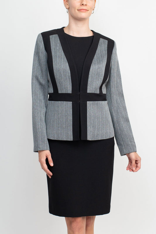 Le Suit Short Crepe Dress with Melange Herringbone Framed Cardi Jacket