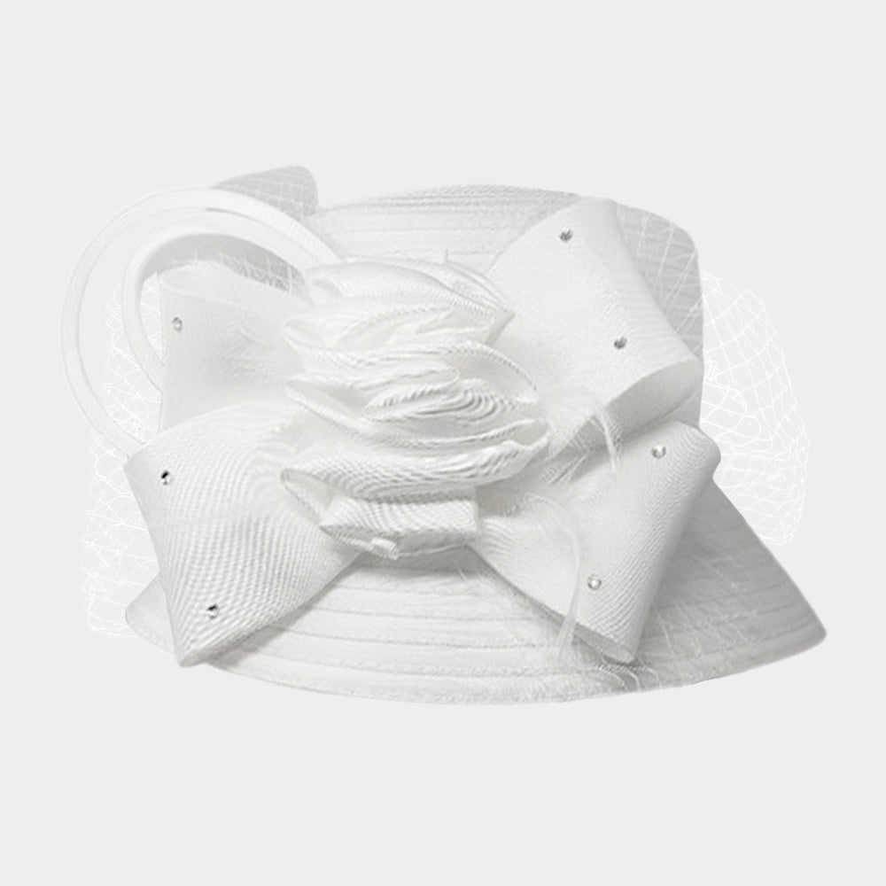 Studded Bow Flower Mesh Dressy Hats