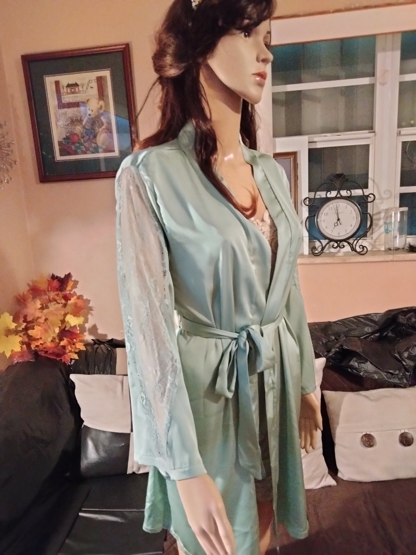 Satin Lace Kimono Trim Silky Robe with Belt