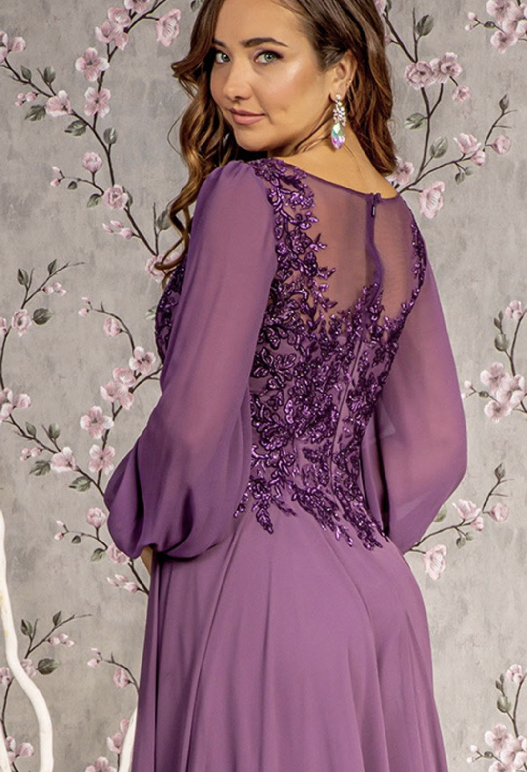 Floral Embroidery Sheer Bateau Neckline A-Line Chiffon Dress