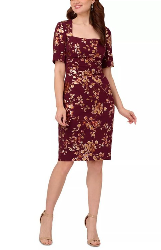 Adrianna Papell Square Neck Short Sleeve Crepe Print Dress