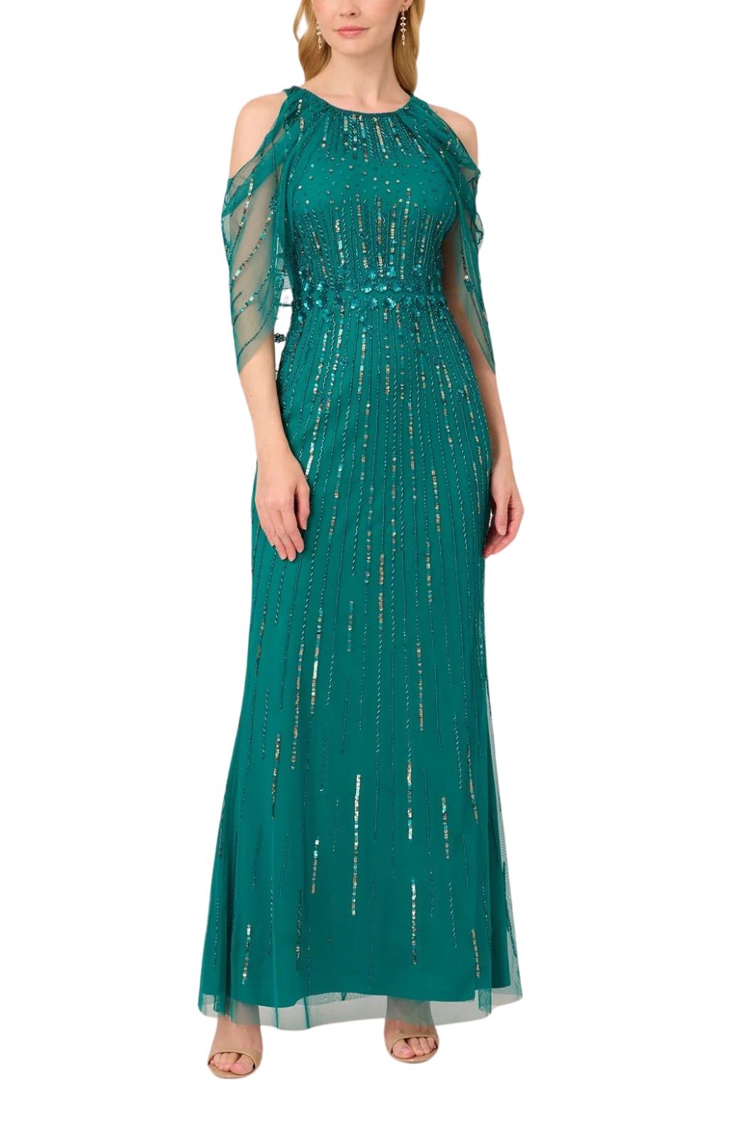 Adrianna Papell Cold Shoulder Beaded Petite Gown