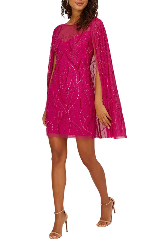 Adrianna Papell Sequin Cape with Illusion Neckline Shift Dress.