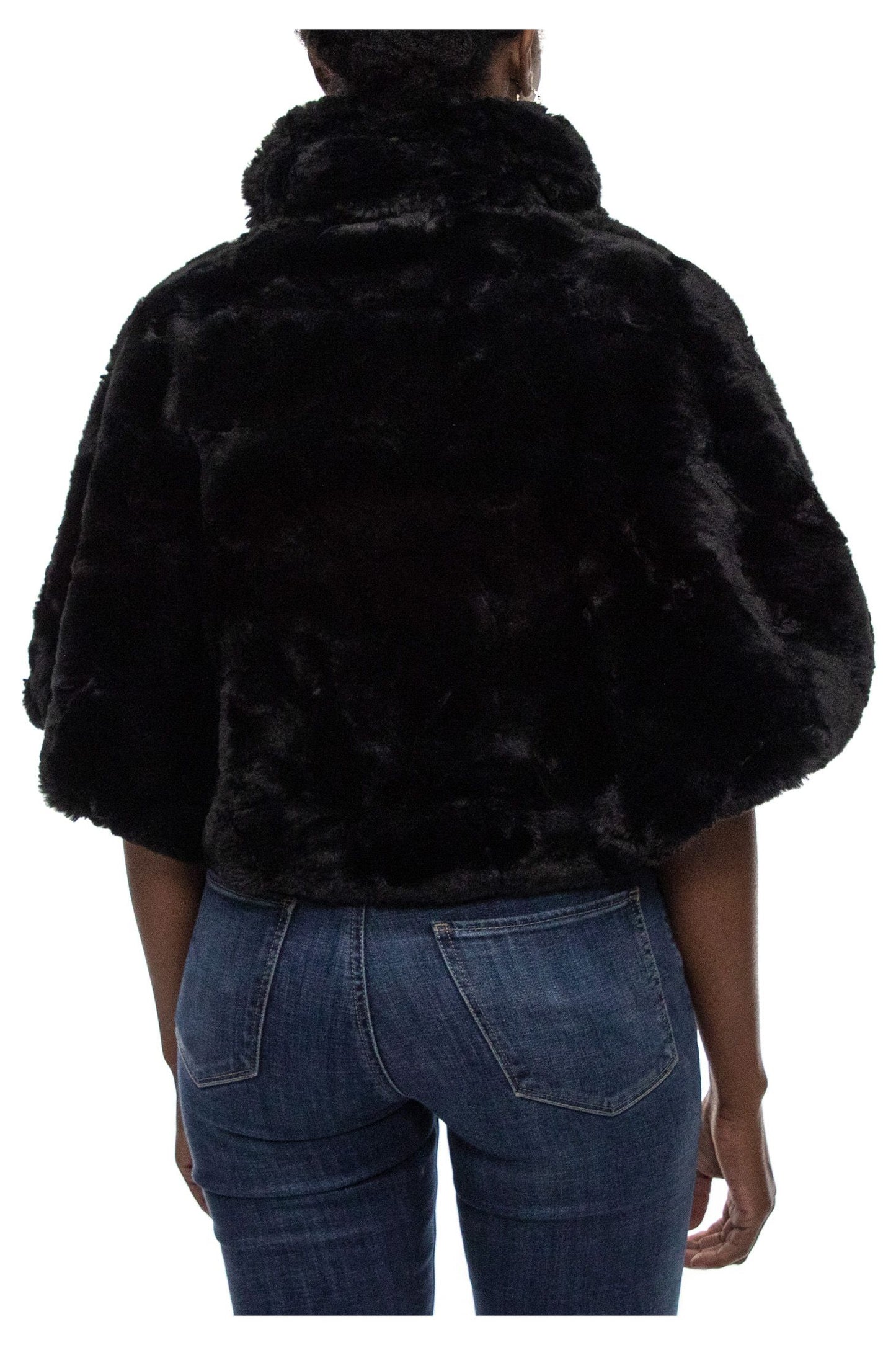 Nina Leonard Collared Cap Sleeve One Button Closure Solid Faux Fur Jacket