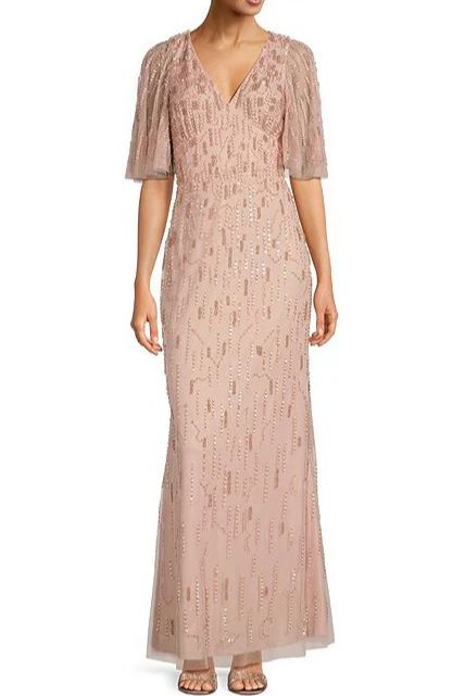 Aidan Mattox Beaded Short Flutter Sleeve Gown.