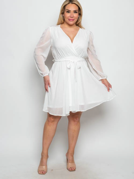 Plus Size Chiffon Surplice Tie Belt Long Sleeve Mini Dress