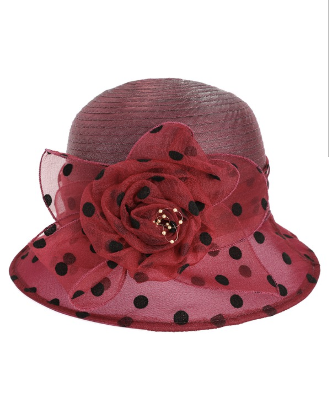 Floral Rose Bud Polka Dot Organza Cloche Hat