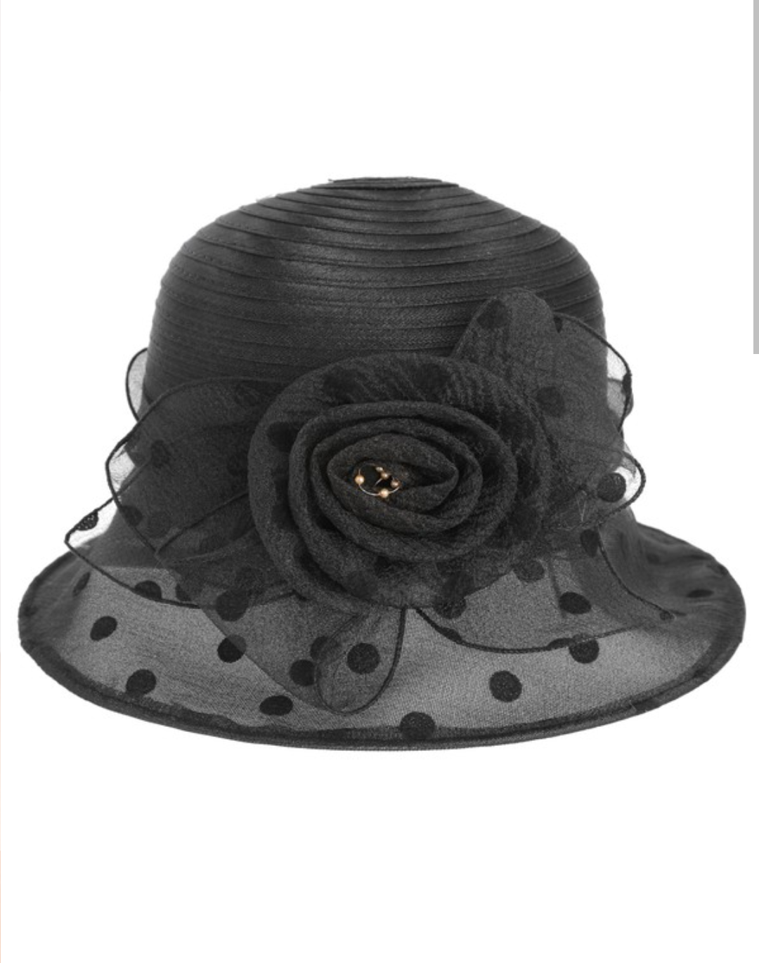 Floral Rose Bud Polka Dot Organza Cloche Hat