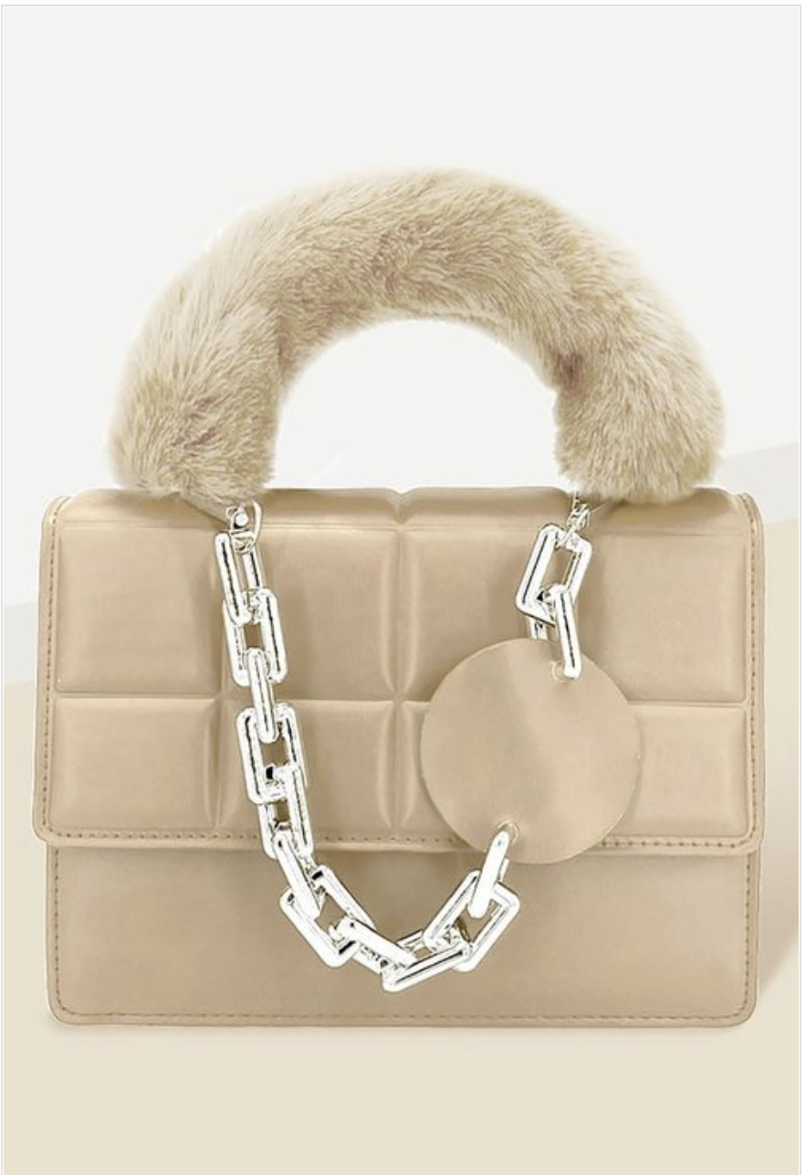 Solid Faux Fur Handle Tote Crossbody Bag