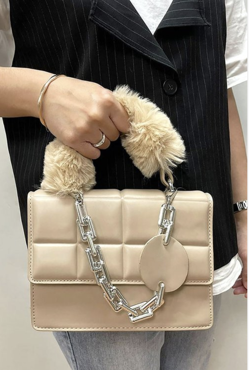 Solid Faux Fur Handle Tote Crossbody Bag