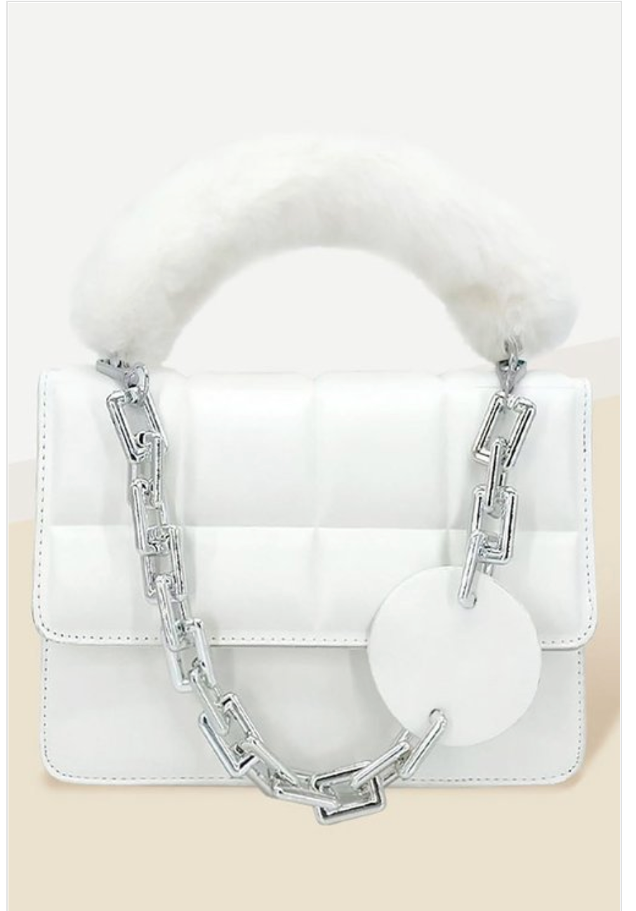 Solid Faux Fur Handle Tote Crossbody Bag