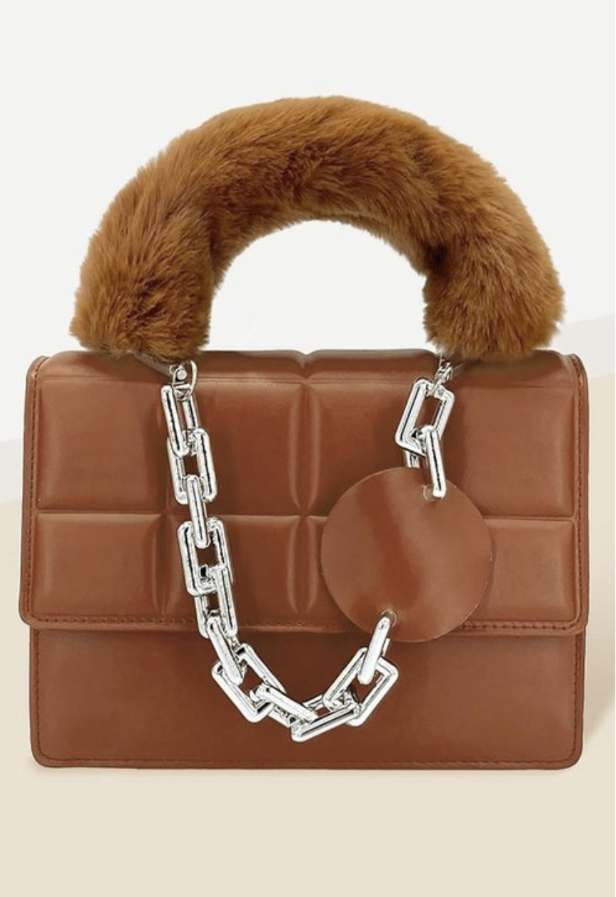 Solid Faux Fur Handle Tote Crossbody Bag