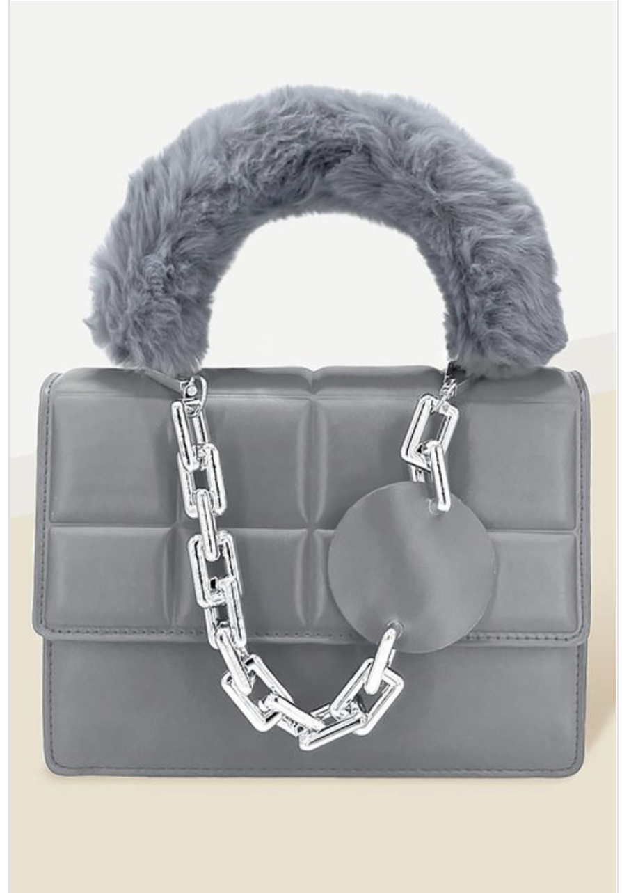 Solid Faux Fur Handle Tote Crossbody Bag