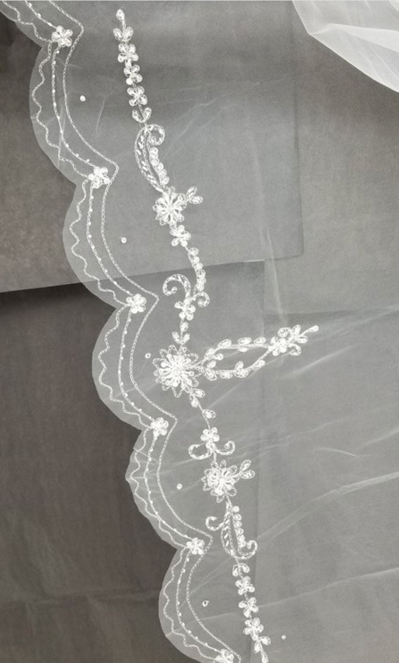 Bridal 95 inch Wedding veil with beading and jewels