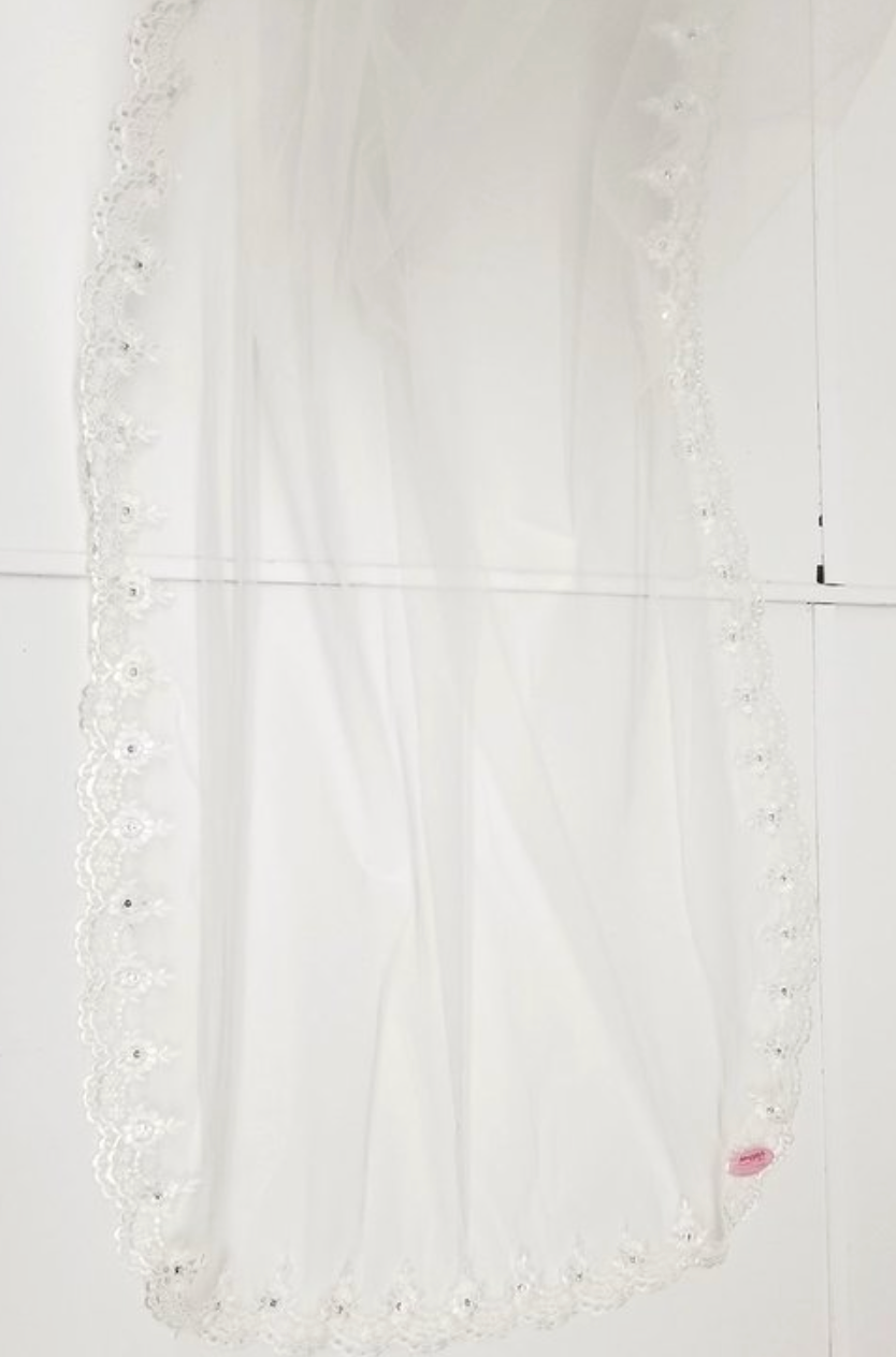 Bridal 110 Inch Veil with Floral Embroidery and Jewels