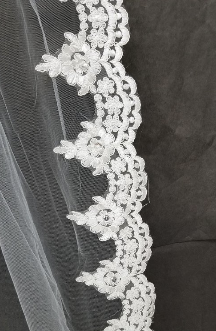 Bridal 110 Inch Veil with Floral Embroidery and Jewels