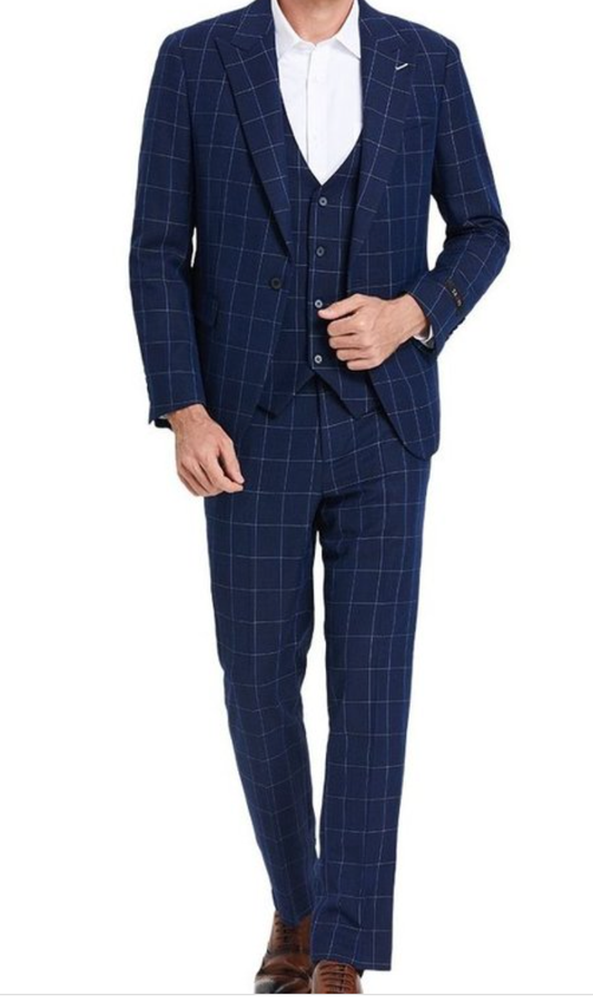 Men Suit with vest slims windowpane