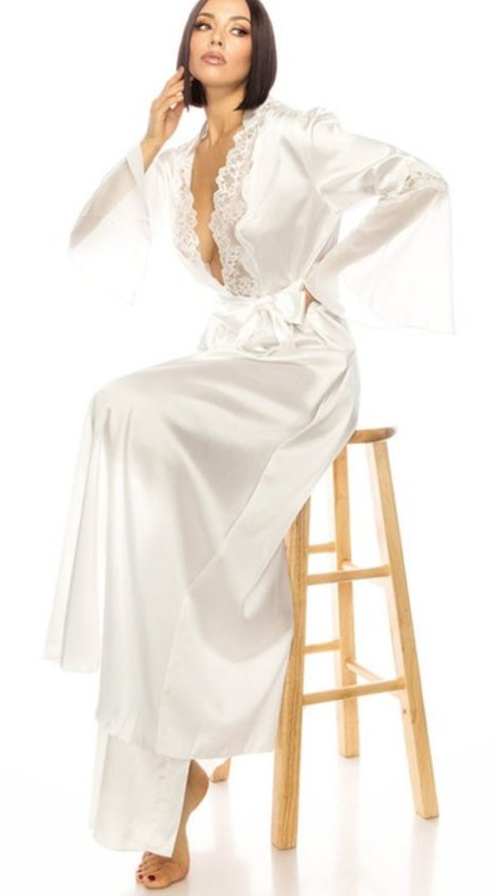 Long Satin Kimono Dressing Robe With Lace