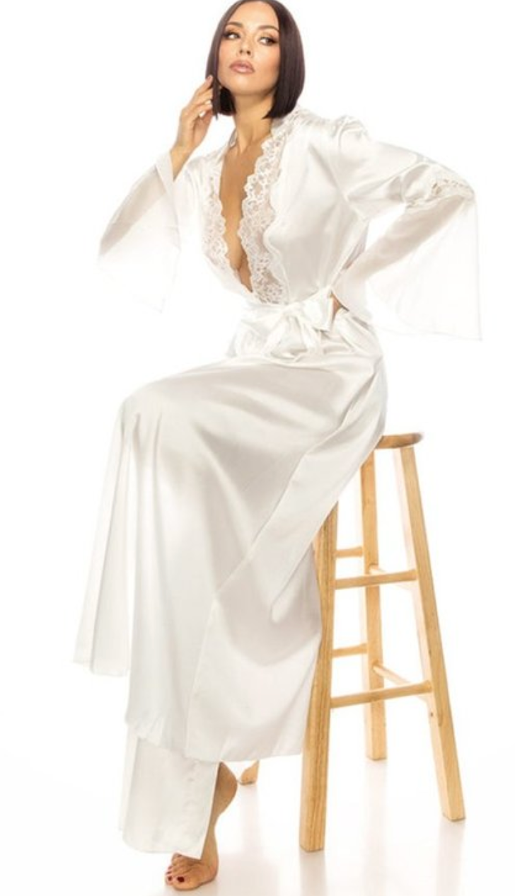 Long Satin Kimono Dressing Robe With Lace