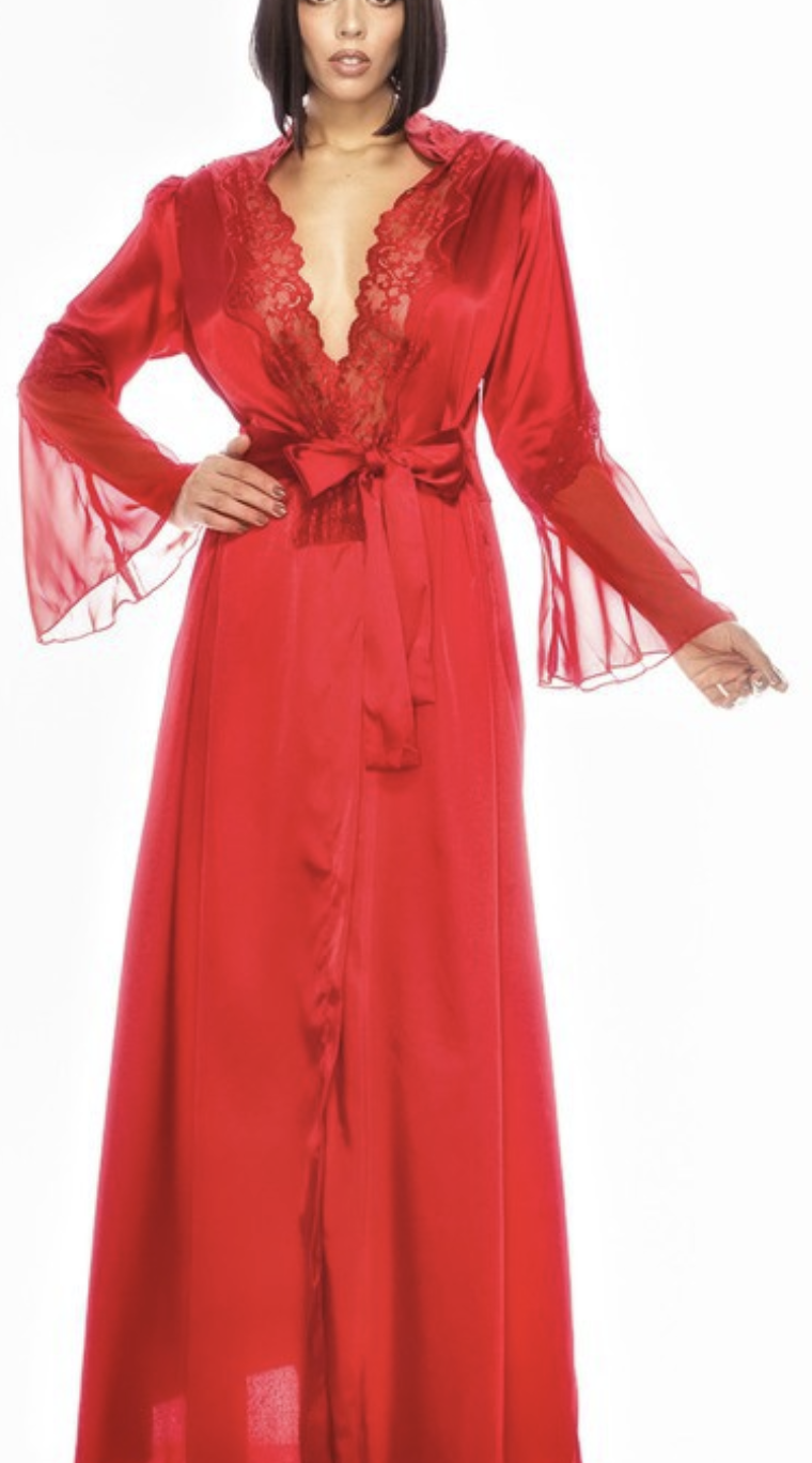 Long Satin Kimono Dressing Robe With Lace