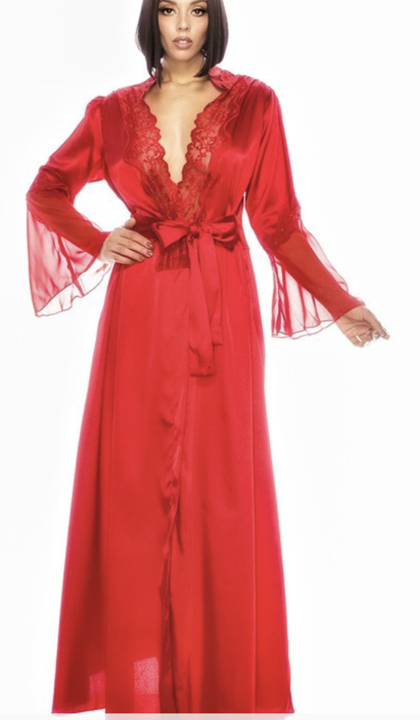 Long Satin Kimono Dressing Robe With Lace