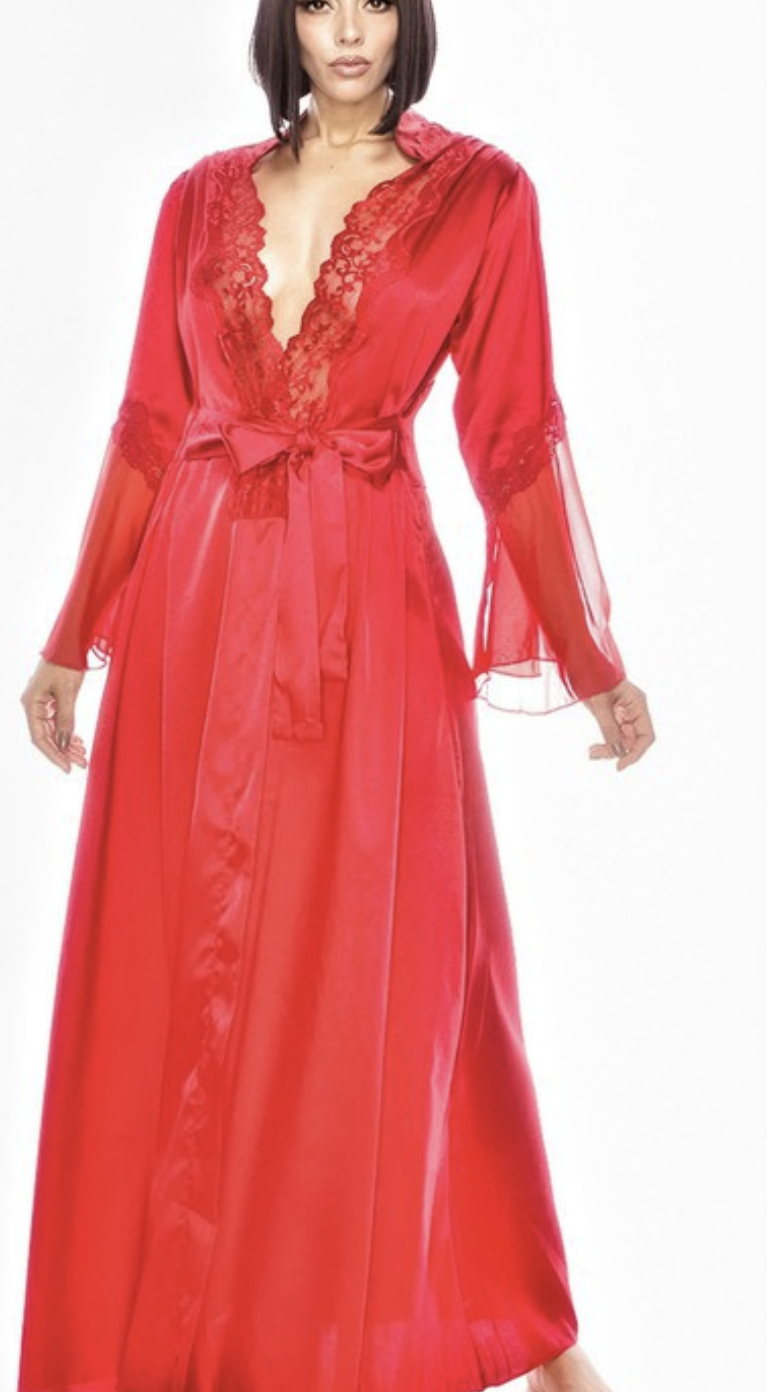 Long Satin Kimono Dressing Robe With Lace