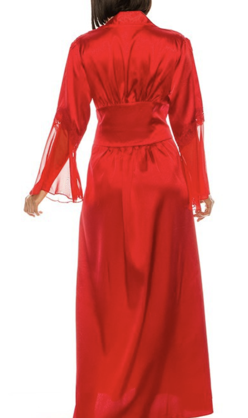 Long Satin Kimono Dressing Robe With Lace